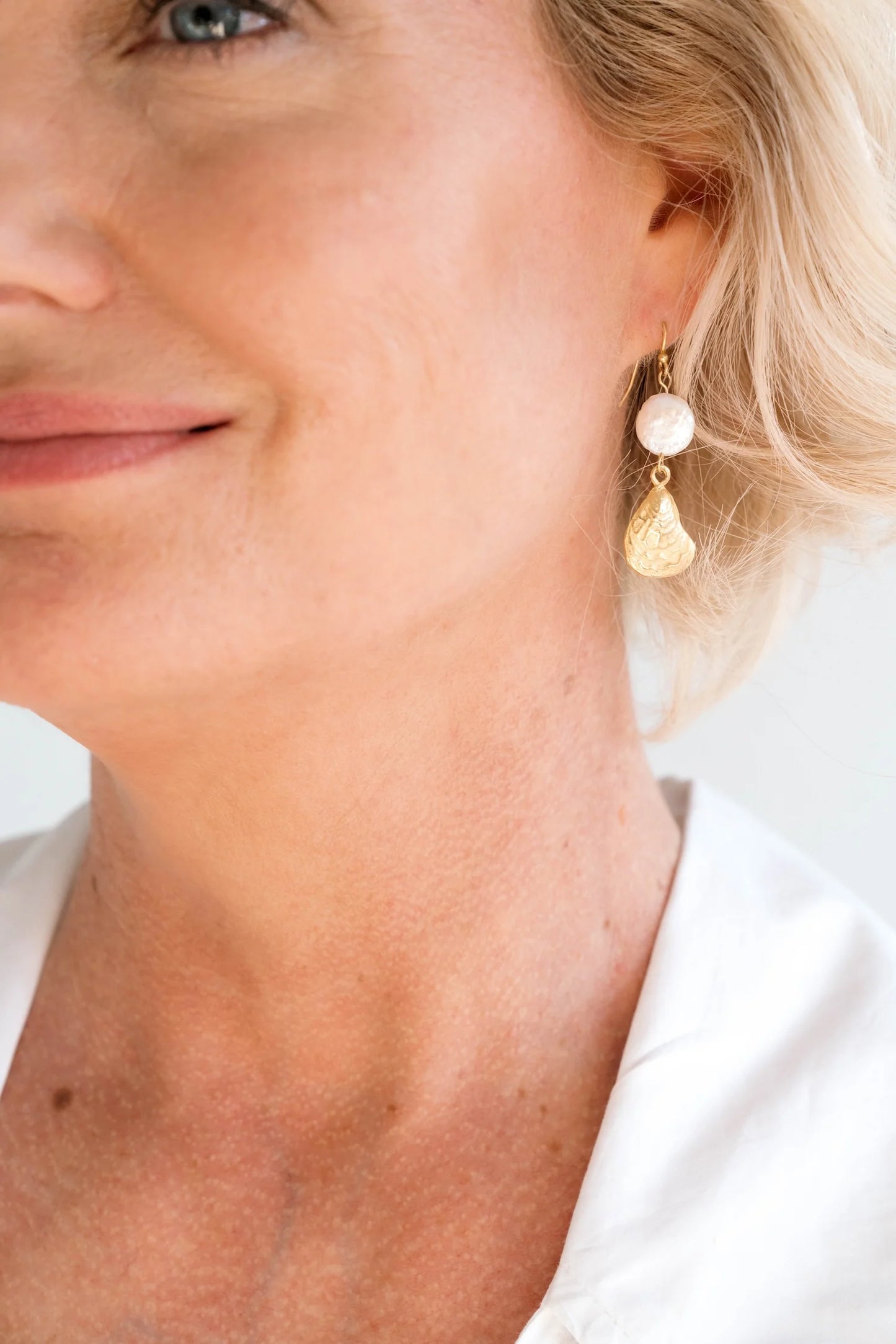 Gold Oyster Shell & Pearl Earrings