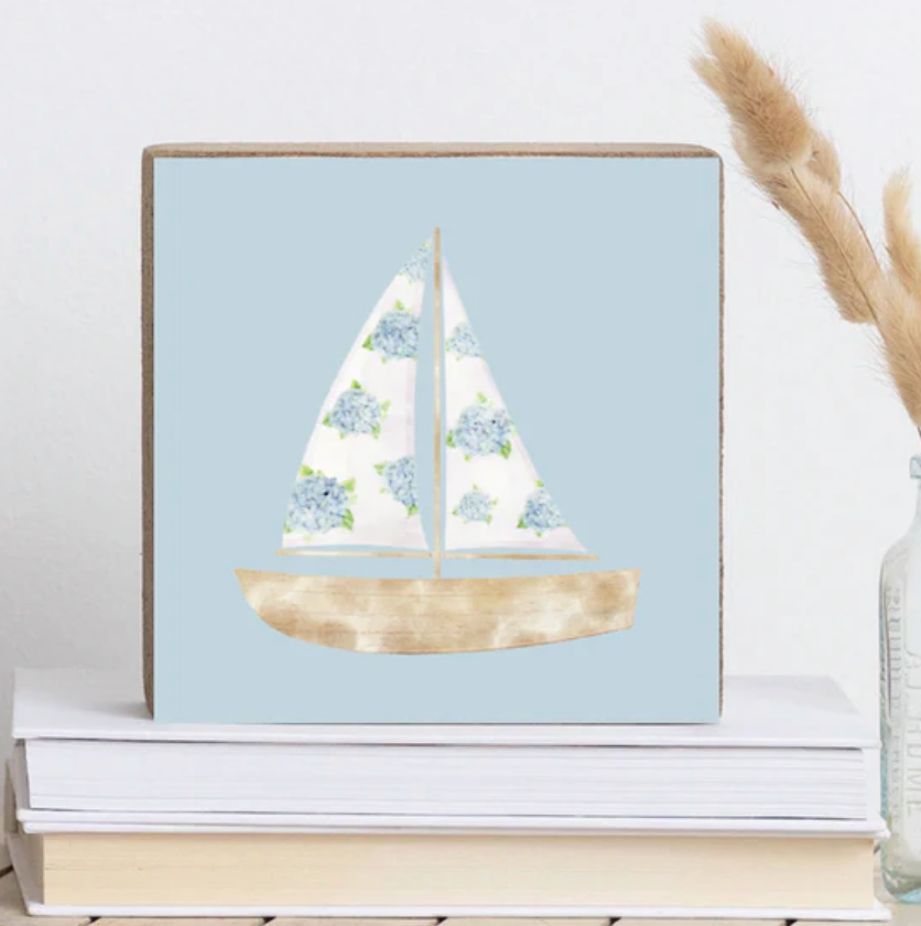 Hydrangea Sailboat Wooden Block Decor