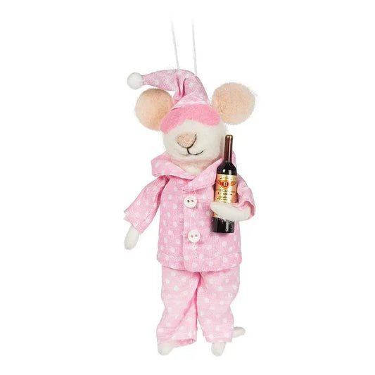 Pajama Mouse W/ Wine Ornament