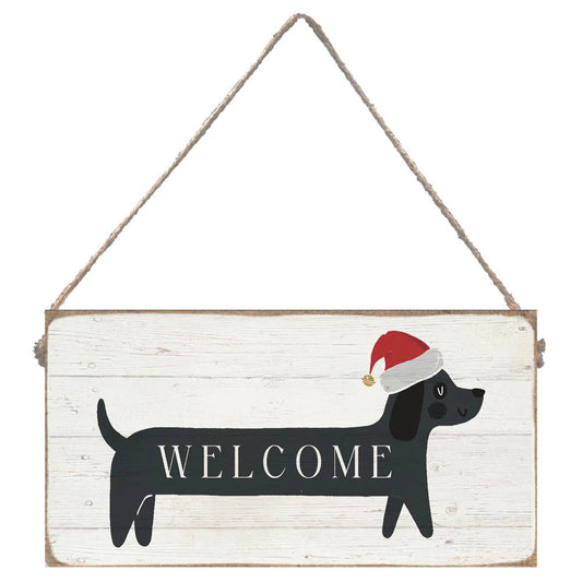 Hanging Sign - Welcome Dog w/ Santa Hat