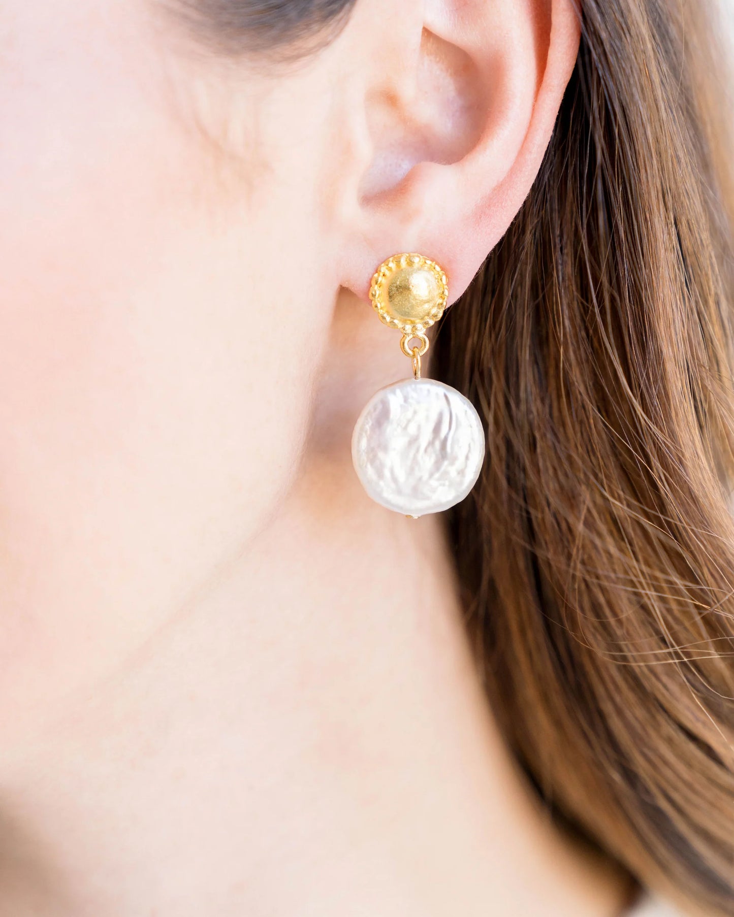 Gold Cab Coin Pearl Earrings