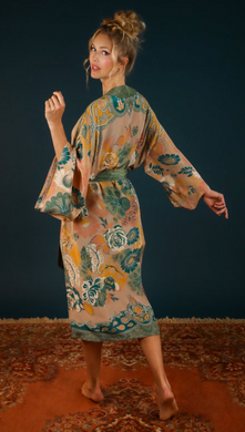 Folk Art Floral Long Kimono in Fern