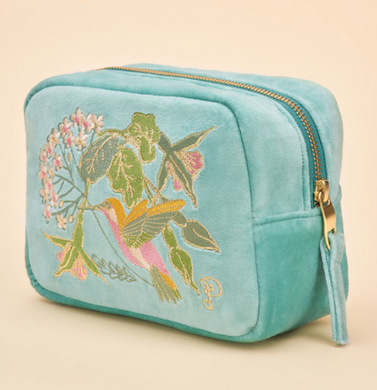 Aqua Hummingbird Velvet Embroidered Make Up Bag
