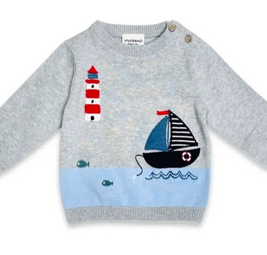 Lighthouse & Boat Embroidered Baby Knit Pullover (Organic)