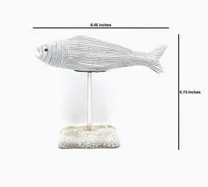 Fish On A Stand Sculpture - White With Blue Stripes