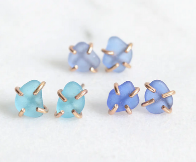 Blue Sea Glass Stud Earrings - 14K Gold Fill