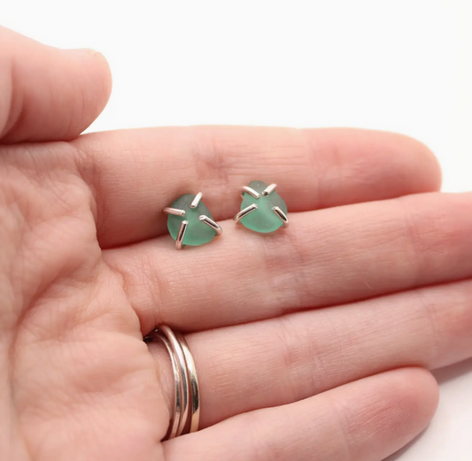Green Sea Glass Stud Earrings - 14K Gold Fill