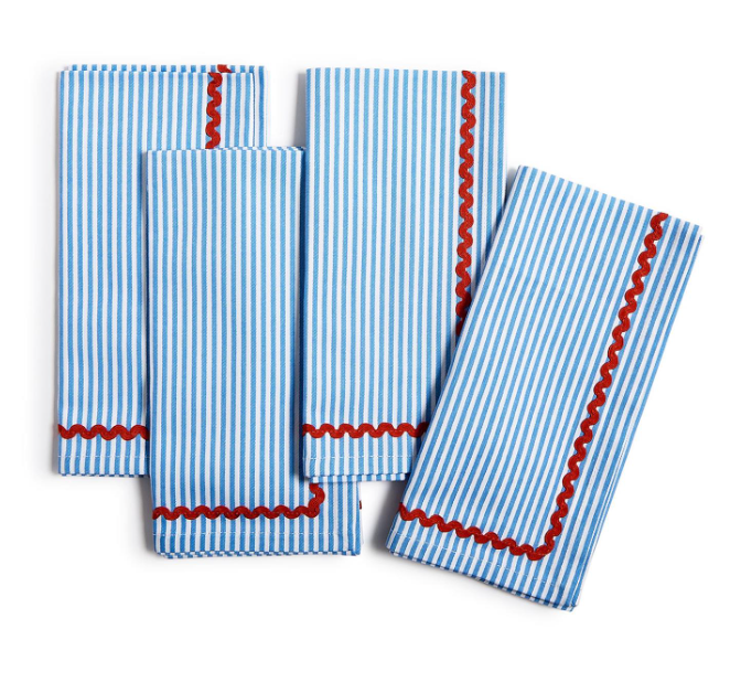 Set/4 Blue Stripe W/ Ric Rac Napkins