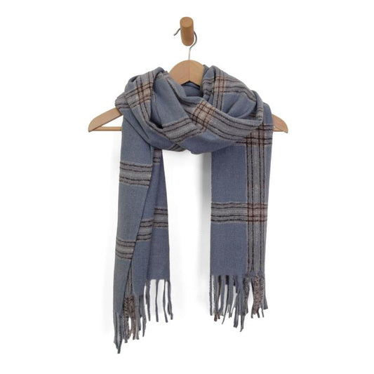 Steel Blue Plaid Fringe Scarf