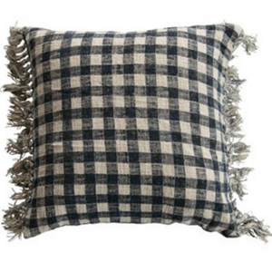 Cotton Slub Pillow with Fringe, Blue & Cream Color Gingham