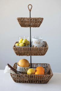 Hand-Woven Seagrass 3-Tier Tray with Handle
