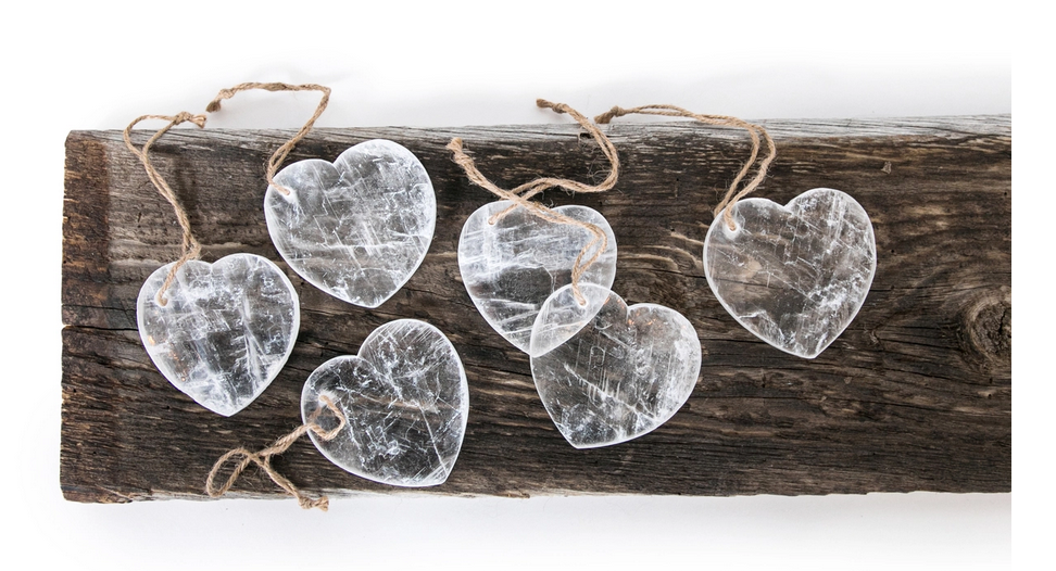 Hanging Selenite Heart On Jute