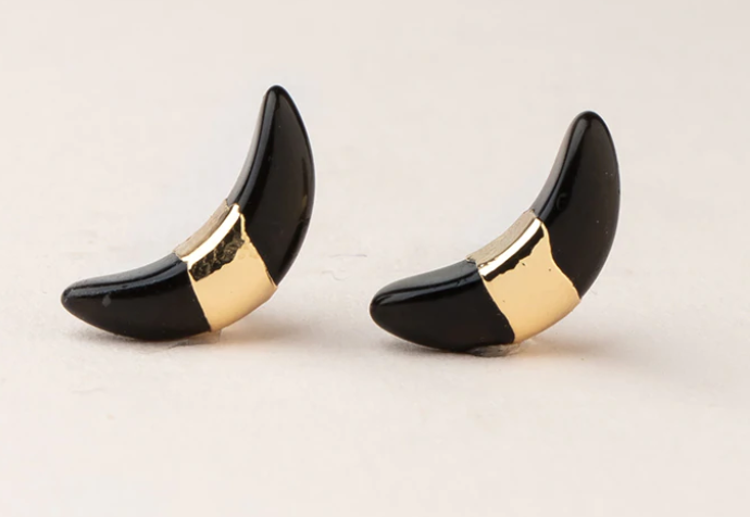 Crescent Moon Stud - Black Spinel & Gold