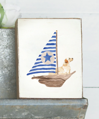 Yellow Lab On A Sailboat Rustic Block