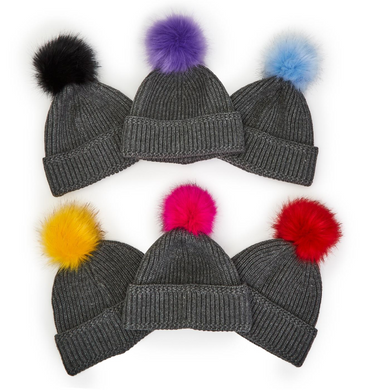 Grey Knit Hat With A Colorful Pom Pom
